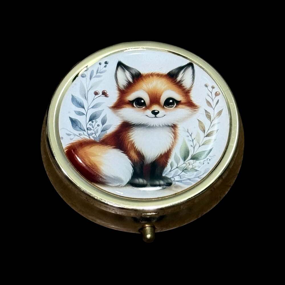 Cute Fox Portable Round Metal Pill Organizer Case